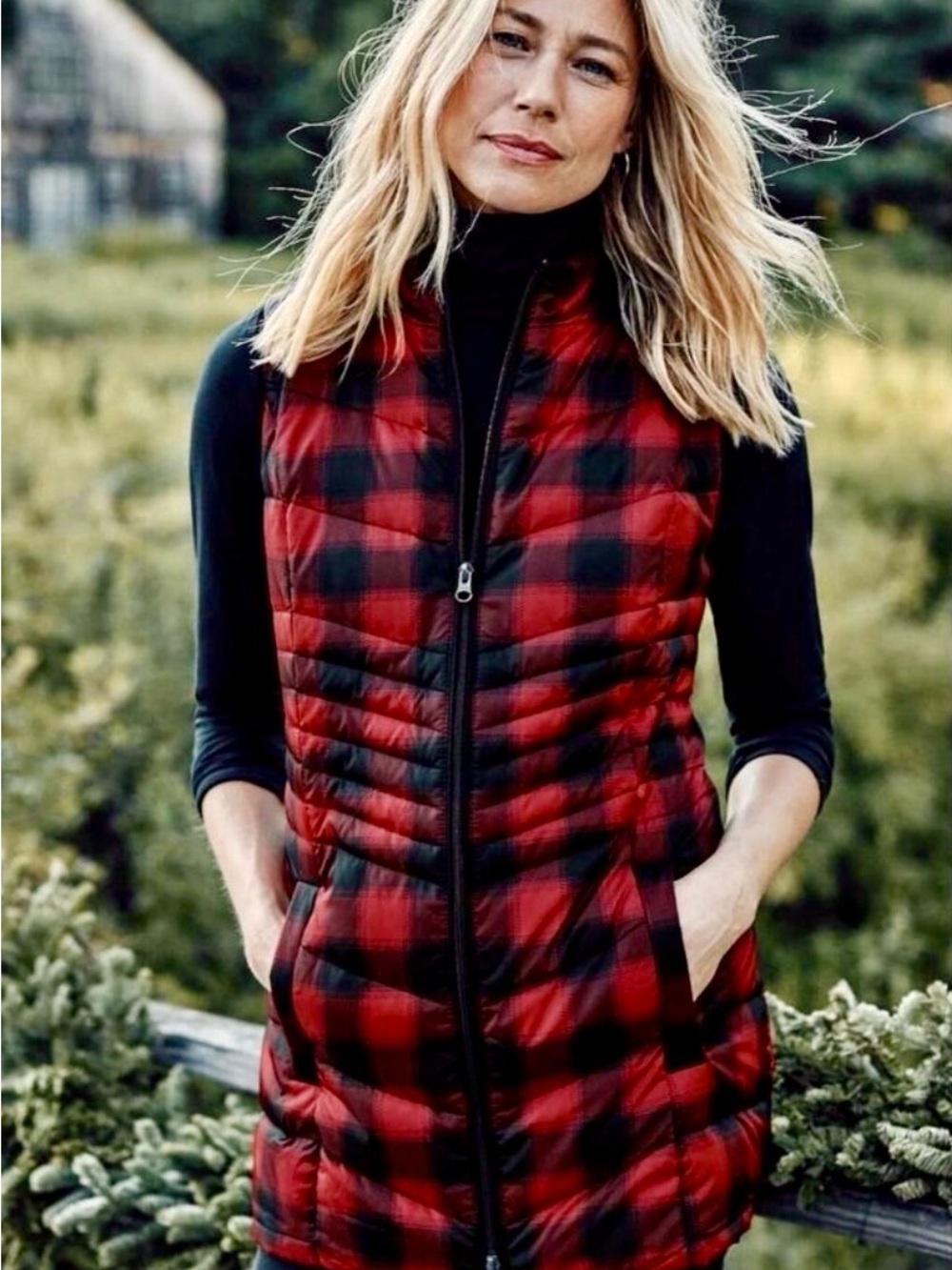 J. Jill Red Buffalo Plaid Down Puffer Vest Size M Side-Zip and Zipper Pockets